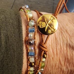 Handmade one of a kind leather and seed bead bracelet Double wrap